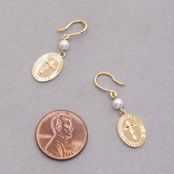 OVAL CROSS PEARL BEAD DANGLE EARRING