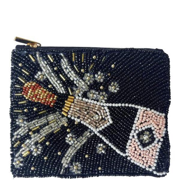 CHAMPAGNE THEMED BEADED ZIPPER COIN PURSE BAG POUCH