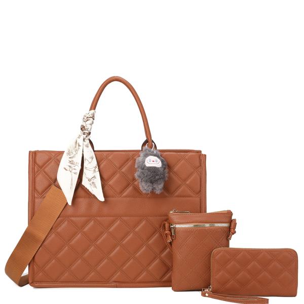 3IN1 QUILTED DESIGN SATCHEL W CROSSBODY AND WALLET SET