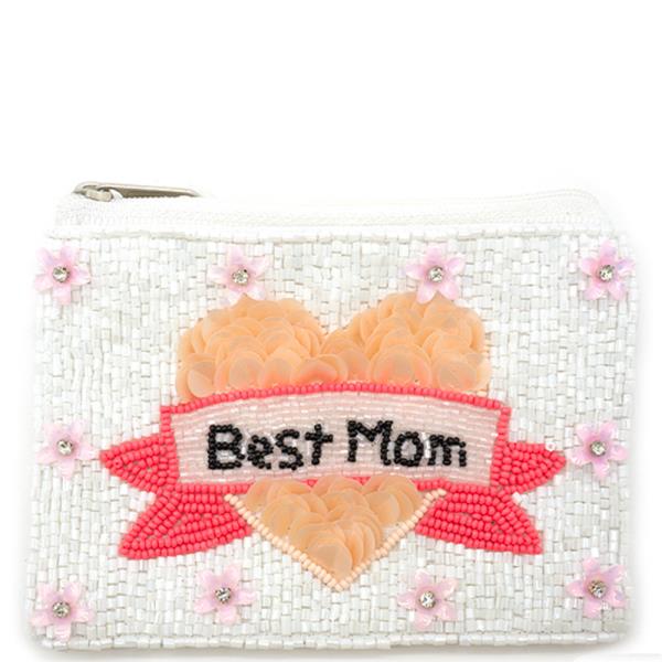 SEED BEAD RHINESTONE BEST MOM COIN PURSE