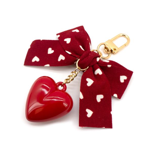 VALENTINE`S DAY PUFF HEART RIBBON ACCENT BAG CHARM KEYCHAIN