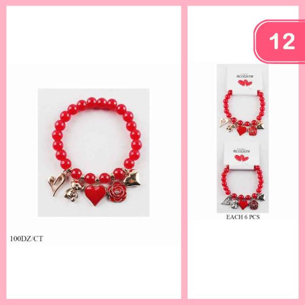 BEADED HEART ROSE TEDDY BEAR CHARM BRACELET (12 UNITS)