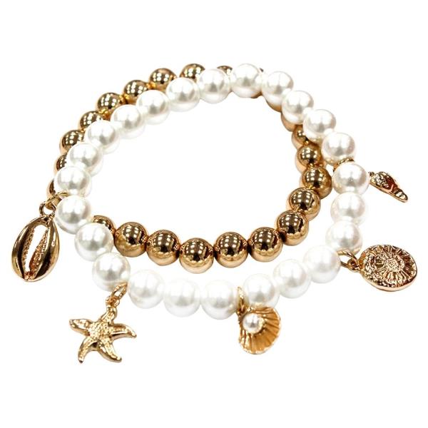 SEA LIFE FAUX PEARL METAL BEAD CHARM ELASTIC MULTI BRACELET