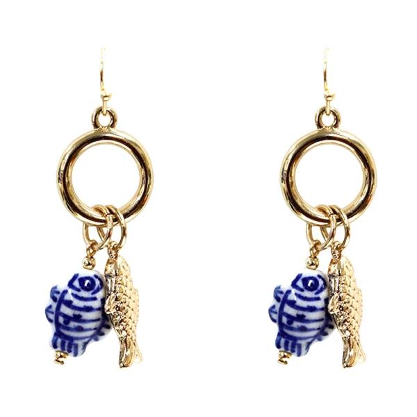 SEA LIFE METAL CERAMIC FISH CHARM ROUND DANGLE EARRING