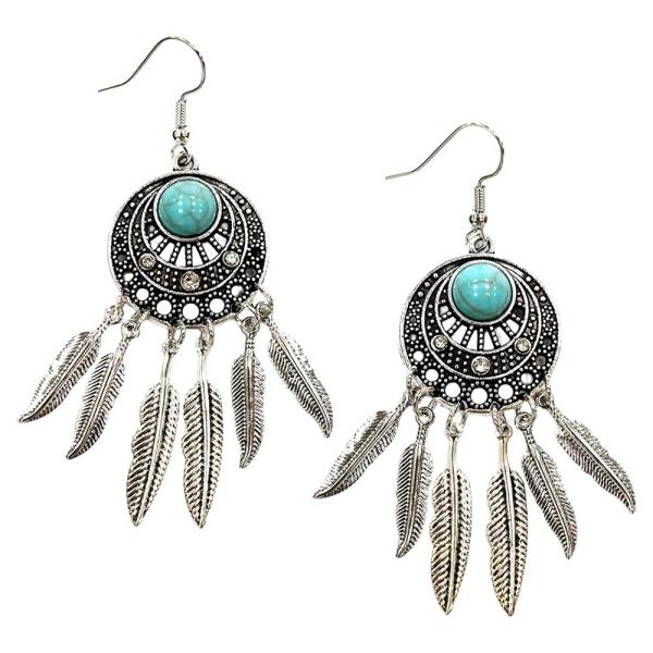 WESTERN METAL FEATHER FRINGE ORNAMENT STONE DANGLE EARRING