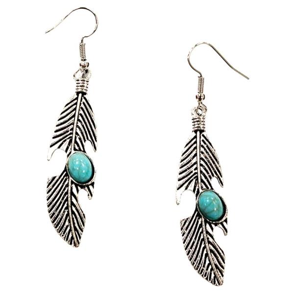 WESTERN METAL FEATHER STONE DROP DANGLE EARRING