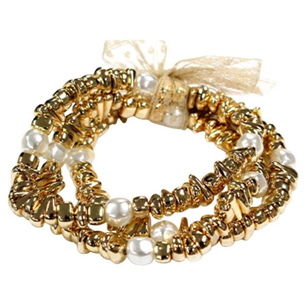 FAUX PEARL METAL BEAD RIBBON ELASTIC MULTI BRACELET SET