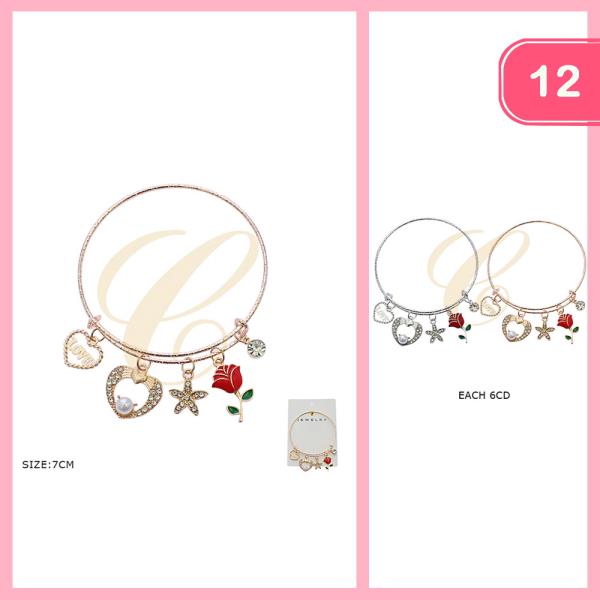 RHINESTONE HEART ROSE CHARM BRACELET (12 UNITS)