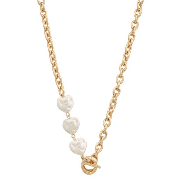 SODAJO TRIPLE HEART PEARL BEAD OVAL LINK GOLD DIPPED NECKLACE