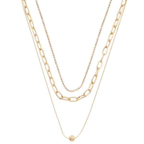 SODAJO BALL BEAD OVAL RHINESTONE LINK LAYERED GOLD DIPPED NECKLACE