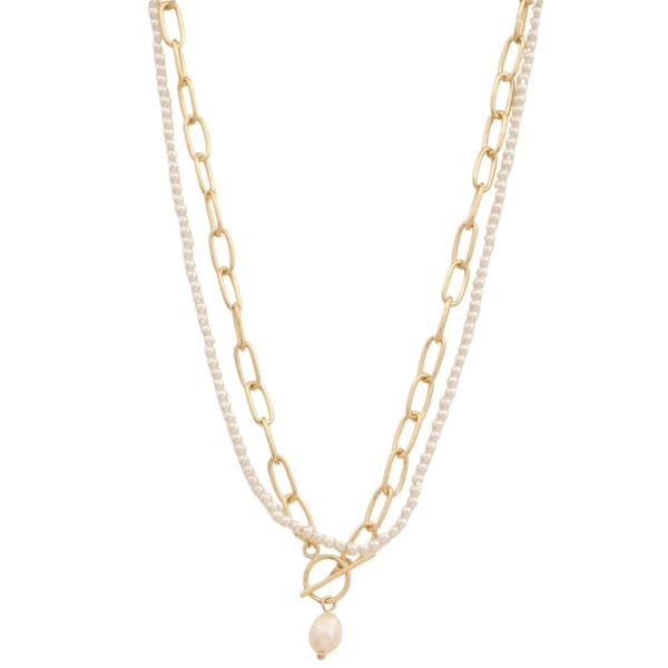 SODAJO PEARL BEAD TOGGLE CLASP LAYERED GOLD DIPPED NECKLACE