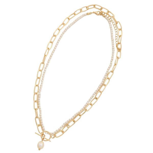 SODAJO PEARL BEAD TOGGLE CLASP LAYERED GOLD DIPPED NECKLACE