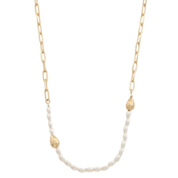 SODAJO PEARL METAL BEAD OVAL LINK GOLD DIPPED NECKLACE