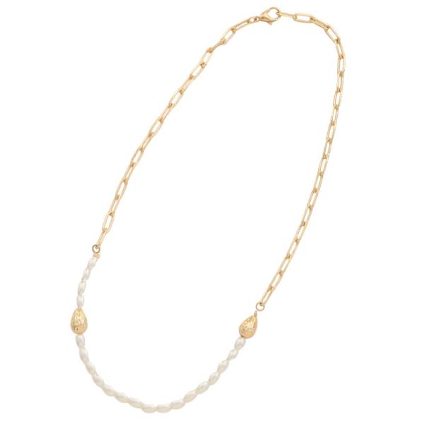 SODAJO PEARL METAL BEAD OVAL LINK GOLD DIPPED NECKLACE