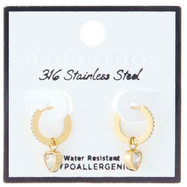 SECRET BOX  STAINLESS STEEL HEART CUBIC PAVE HUGGIE