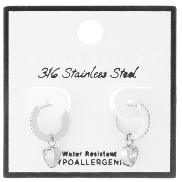 SECRET BOX STAINLESS STEEL HEART CUBIC PAVE HUGGIE WATER RESISTANT EARRING