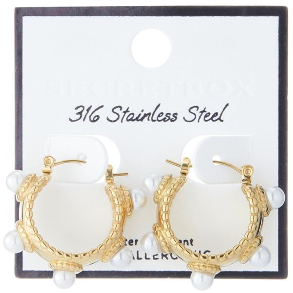 SECRET BOX  STAINLESS STEEL HEART PEARL STUD HOOP