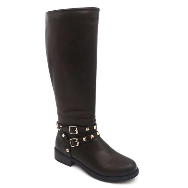 SMOOTH STUDDED DOUBLE BUCKLE HEEL LEG BOOTS 1 PAIR