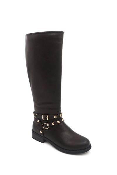SMOOTH STUDDED DOUBLE BUCKLE HEEL LEG BOOTS 1 PAIR