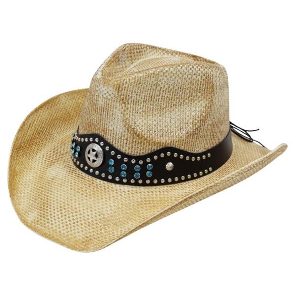 RUSTIC STRAW COWBOY HAT WITH SILVER AND TURQUOISE STUDS FAUX LEATHER BAND
