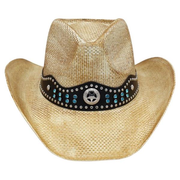 RUSTIC STRAW COWBOY HAT WITH SILVER AND TURQUOISE STUDS FAUX LEATHER BAND