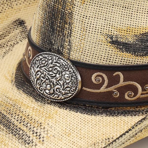 ANTIQUE WASH STRAW COWBOY HAT WITH ORNATE OVAL BUCKLE FAUX LEATHER BAND