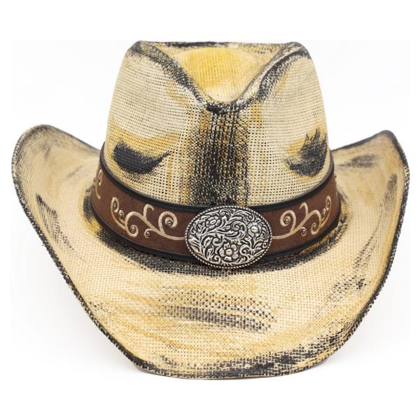 ANTIQUE WASH STRAW COWBOY HAT WITH ORNATE OVAL BUCKLE FAUX LEATHER BAND