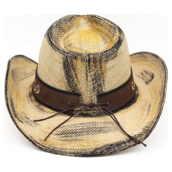 ANTIQUE WASH STRAW COWBOY HAT WITH ORNATE OVAL BUCKLE FAUX LEATHER BAND