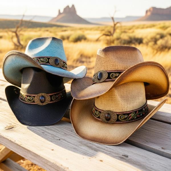 DISTRESSED STRAW COWBOY HAT WITH ORATE FAUX LEATHER BAND