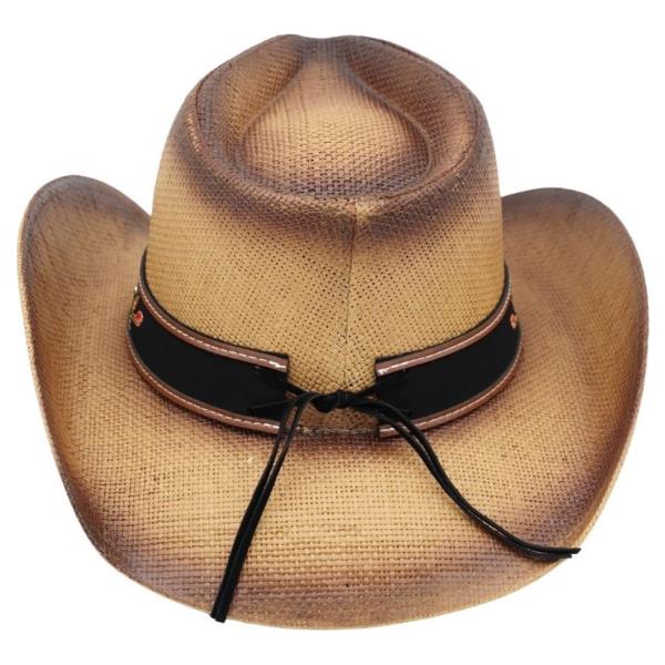 DISTRESSED STRAW COWBOY HAT WITH ORATE FAUX LEATHER BAND
