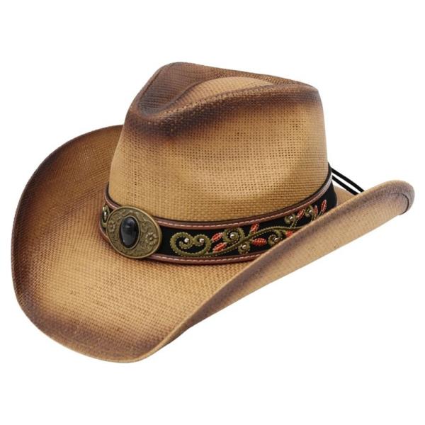 DISTRESSED STRAW COWBOY HAT WITH ORATE FAUX LEATHER BAND