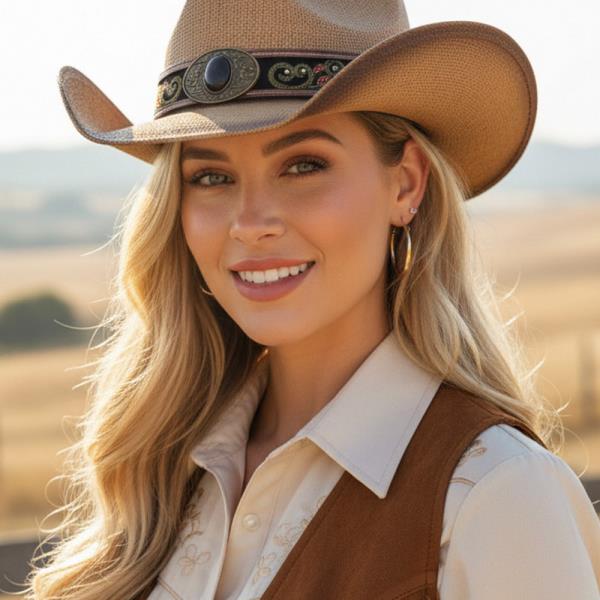 DISTRESSED STRAW COWBOY HAT WITH ORATE FAUX LEATHER BAND