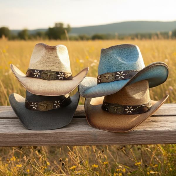 DISTRESSED STRAW COWBOY HAT WITH METAL BULL BUCKLE