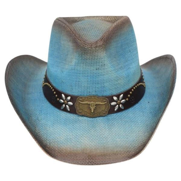 DISTRESSED STRAW COWBOY HAT WITH METAL BULL BUCKLE