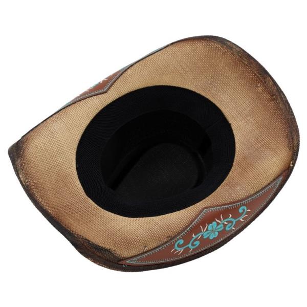 WASHED STRAW COWBOY HAT WITH TURQUOISE ACCENT AND UNDERSIDE PATTERN DETAIL