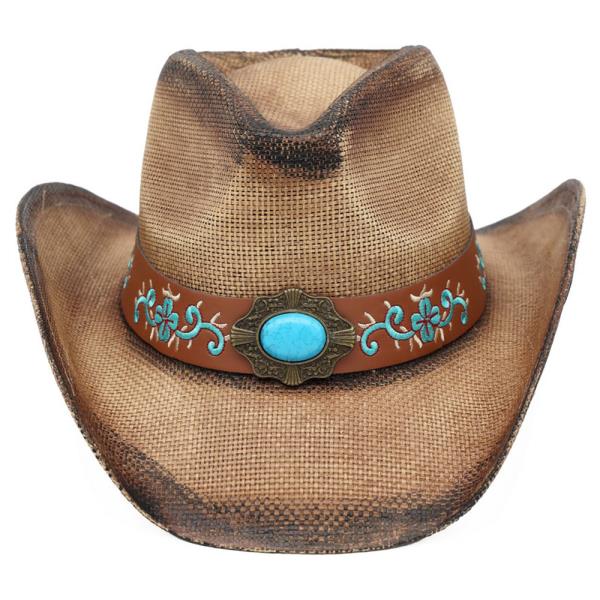 WASHED STRAW COWBOY HAT WITH TURQUOISE ACCENT AND UNDERSIDE PATTERN DETAIL