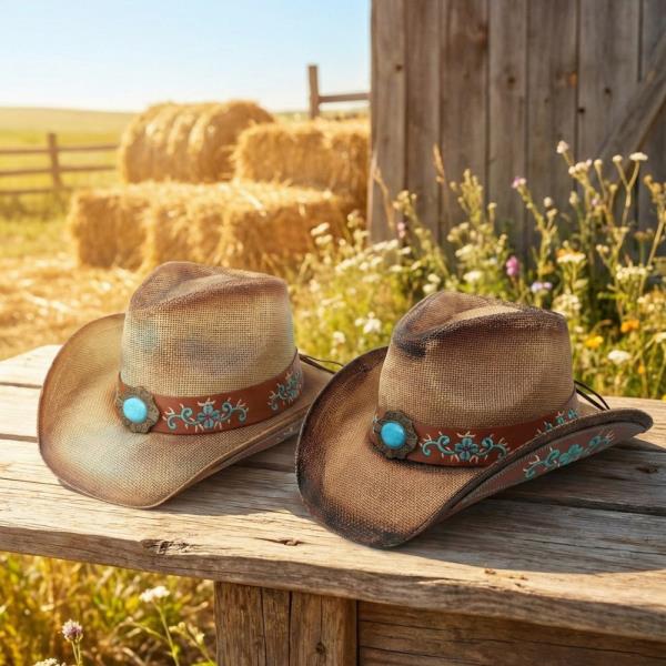 WASHED STRAW COWBOY HAT WITH TURQUOISE ACCENT AND UNDERSIDE PATTERN DETAIL