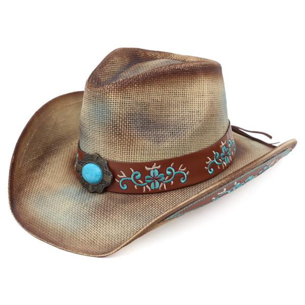 WASHED STRAW COWBOY HAT WITH TURQUOISE ACCENT AND UNDERSIDE PATTERN DETAIL