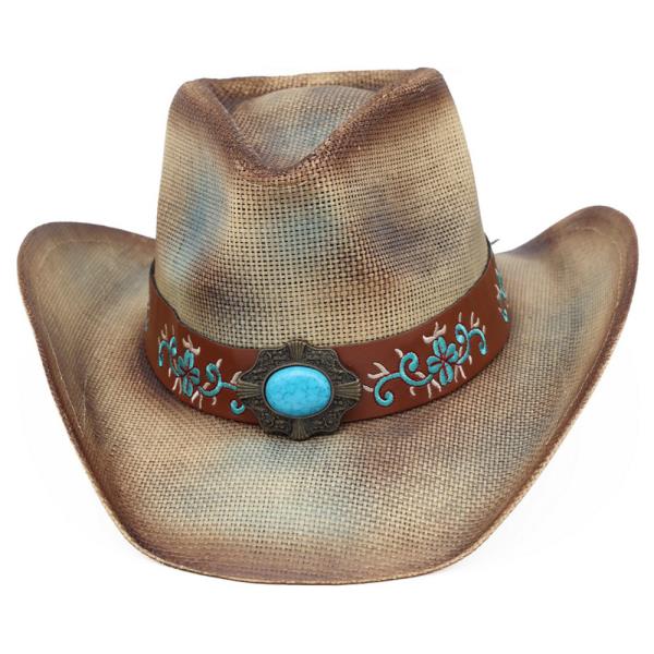 WASHED STRAW COWBOY HAT WITH TURQUOISE ACCENT AND UNDERSIDE PATTERN DETAIL