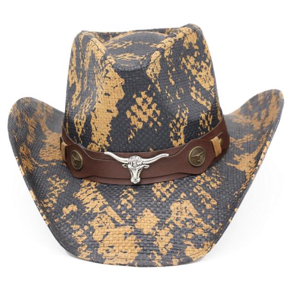 SNAKE PRINT COWBOY HAT WITH BULL HEAD ACCENT