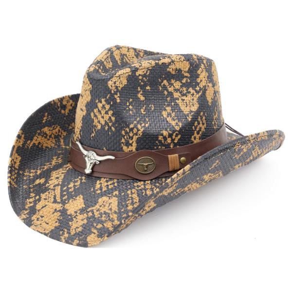 SNAKE PRINT COWBOY HAT WITH BULL HEAD ACCENT