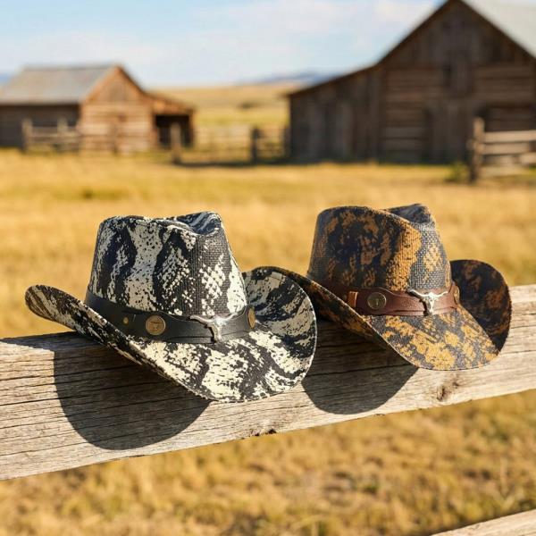 SNAKE PRINT COWBOY HAT WITH BULL HEAD ACCENT