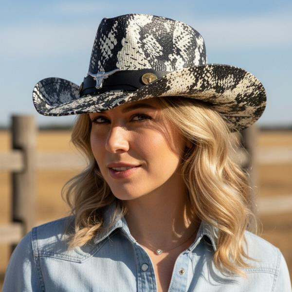 SNAKE PRINT COWBOY HAT WITH BULL HEAD ACCENT