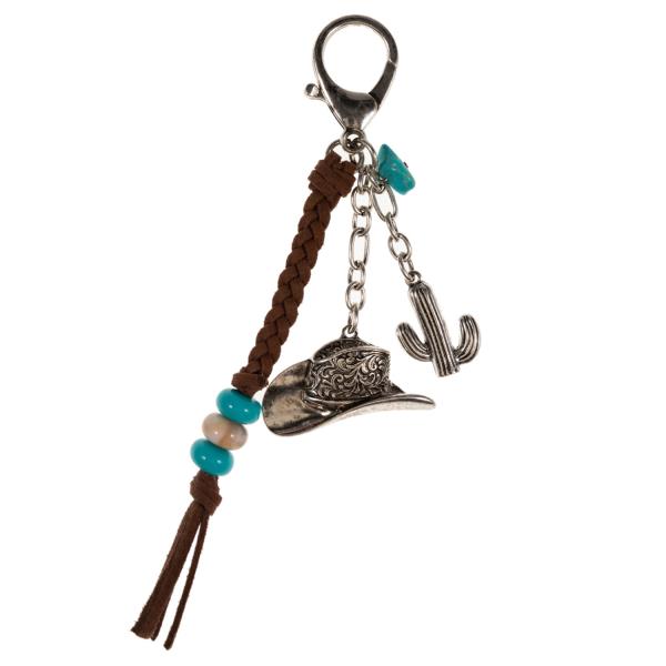 WESTERN HAT METAL W/ BRAIDED SUEDE BAG CHARM & KEYCHAIN