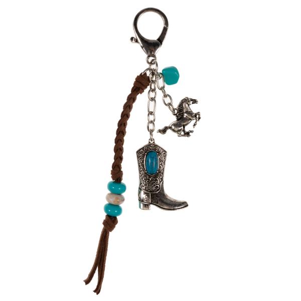 WESTERN BOOTS METAL W/ SEMI STONE & BRAIDED SUEDE KEYCHAIN