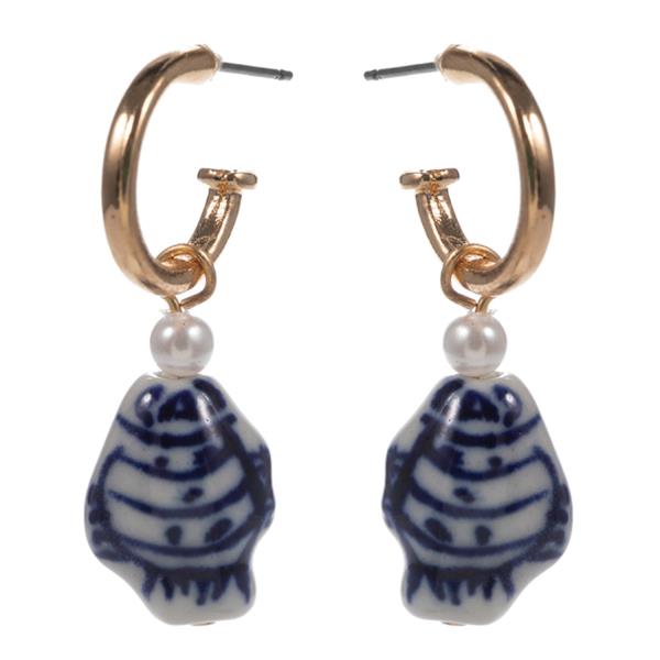 FISH SHAPED CERAMIC PEARL BEAD OPEN HOOP EARRING