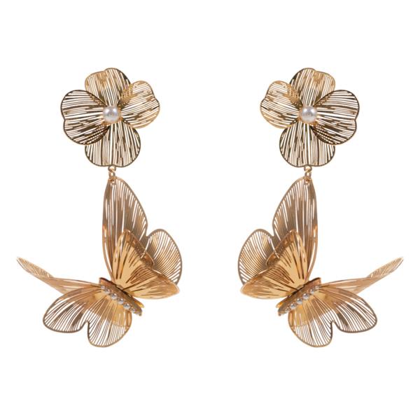FLOWER AND BUTTERFLY SHAPED BRASS METAL PEARL BEAD DANGLE EARRING