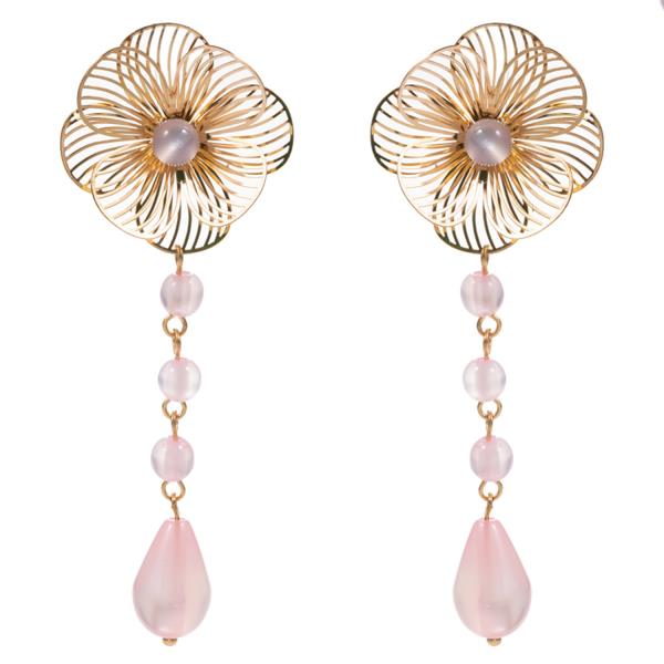 FLOWER SHAPED BRASS METAL FAUX CAT EYE STONE DANGLE EARRING