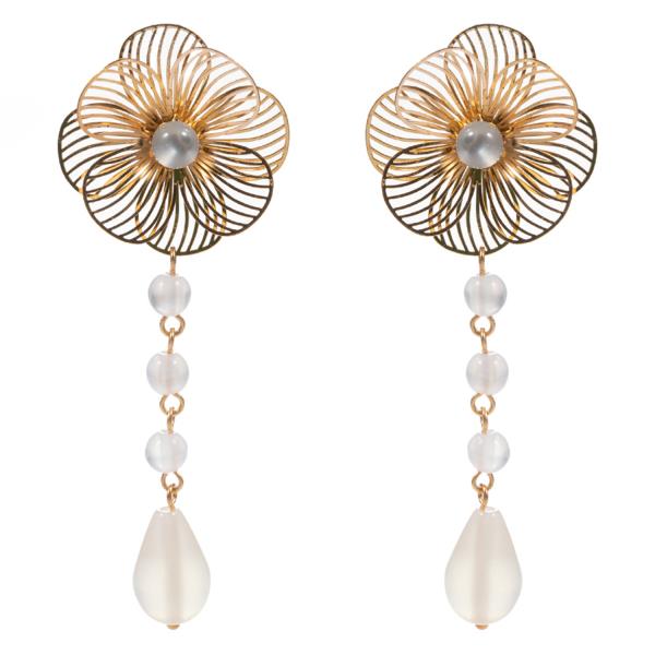 FLOWER SHAPED BRASS METAL FAUX CAT EYE STONE DANGLE EARRING