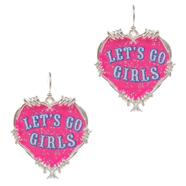 HEART SHAPED ENAMEL LETS GO GIRLS PRINT DANGLE EARRING